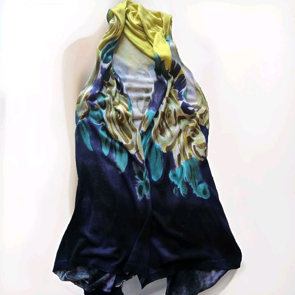 Calessa Duster Cardigan Vest Top Women's M Scarf Blue & Yellow Floral Artsy Wrap